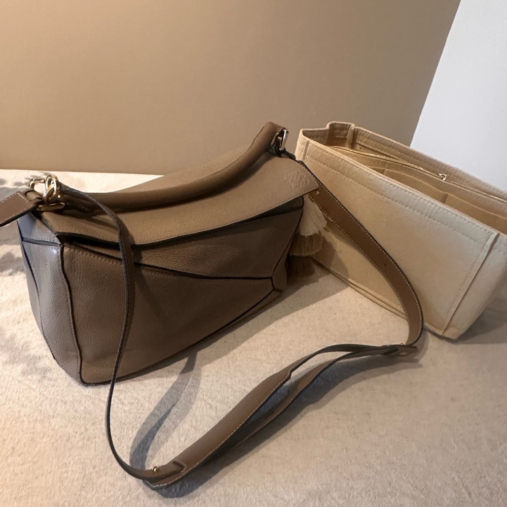 LOEWE medium puzzle bag | taupe beige calfskin pebbled leather w/ insert